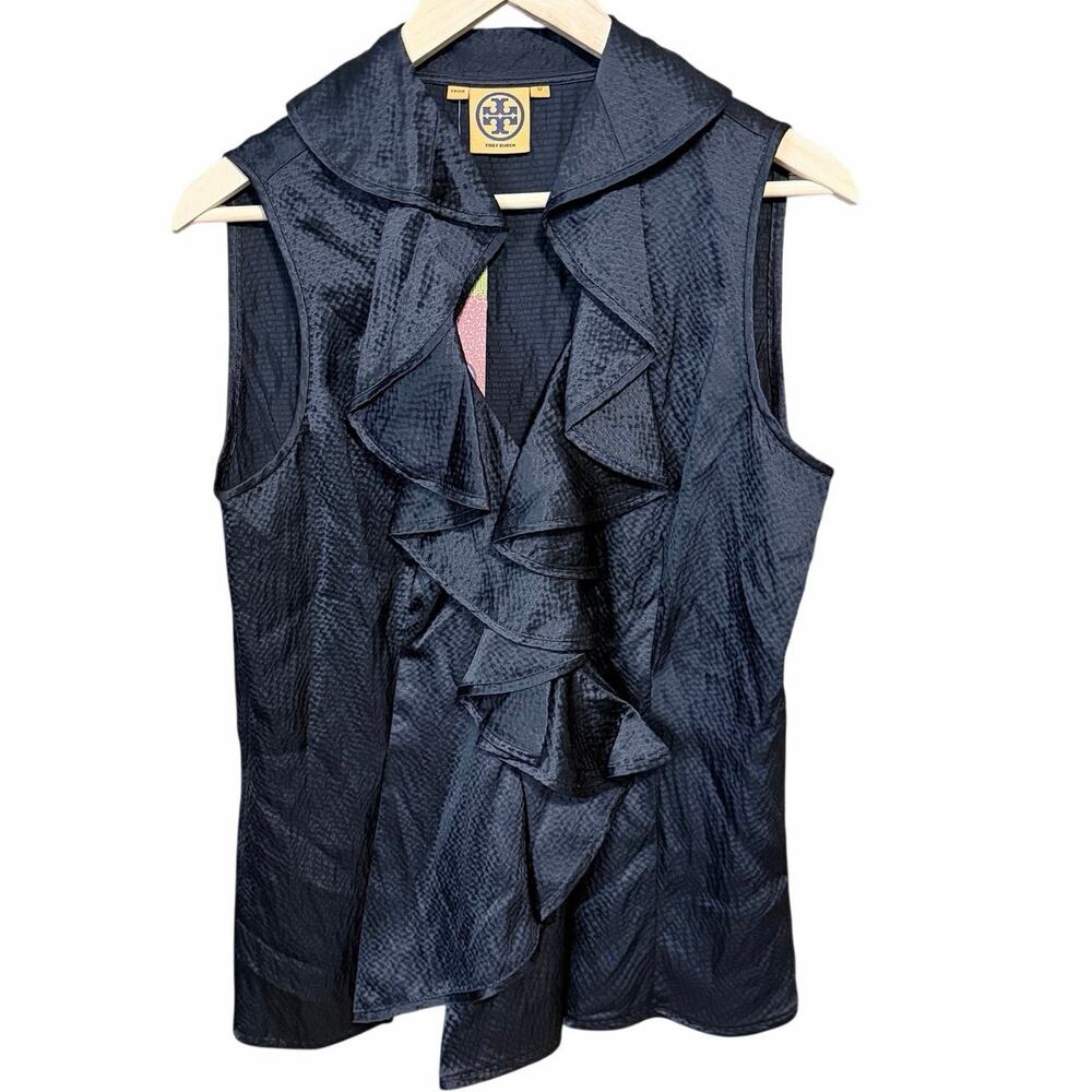 Tory Burch NWT kathleen black 100% silk ruffle neck sleeveless blouse size 12